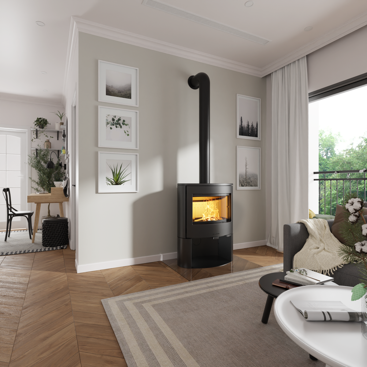 Poêle à bois NordFlam avec son conduit de fumée dans un salon lumineux