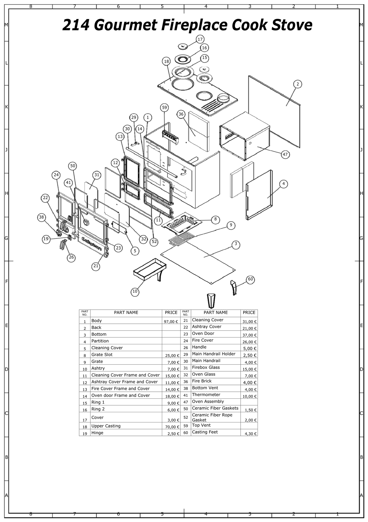 Cuisinière à bois Caliskan 214, vue éclatée et pièces détachées