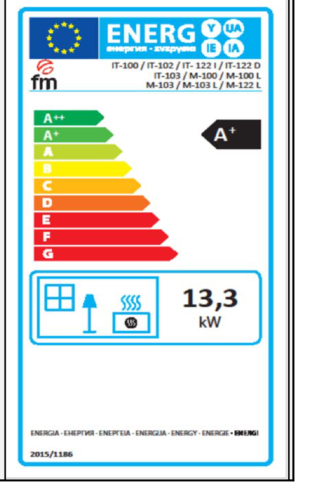 Insert à bois FM Calefaccion IT-100, étiquette énergétique officielle classe A+
