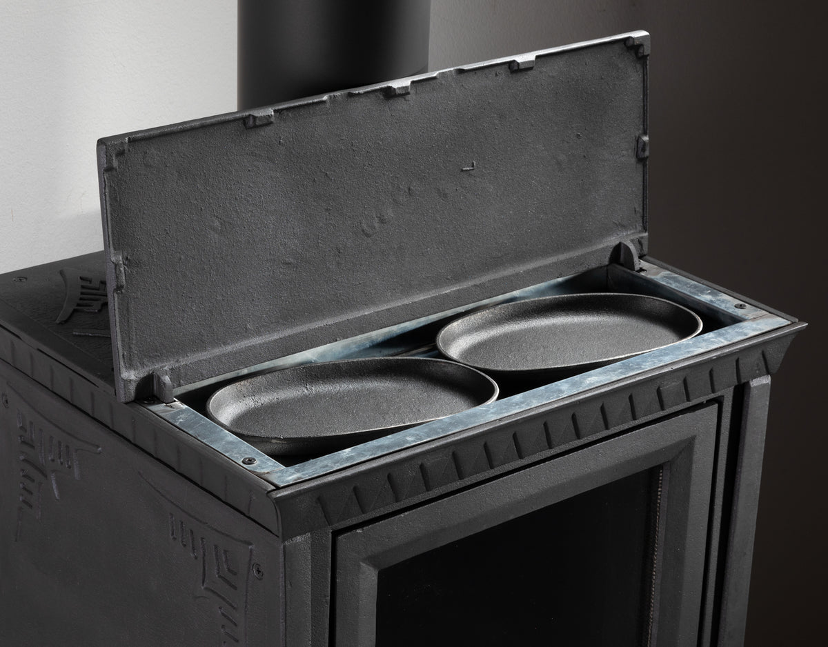 Poêle à bois Globfire Luna I - détail compartiment de réchauffe