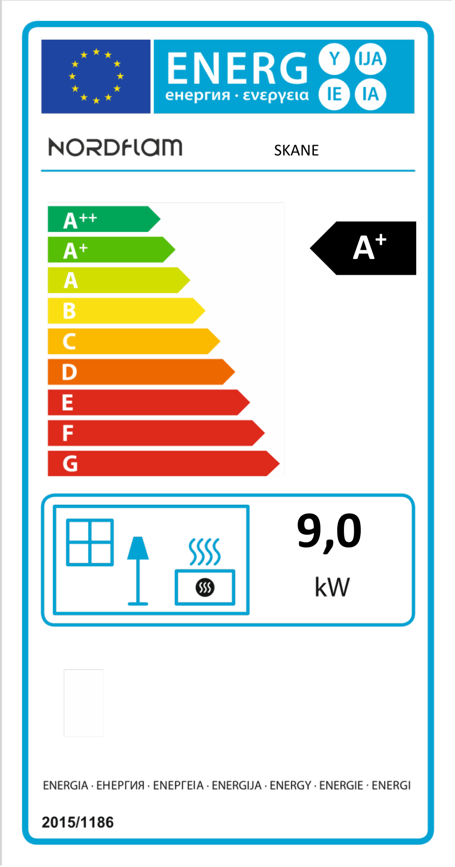 Poêle à bois NordFlam Skane, étiquette énergétique officielle