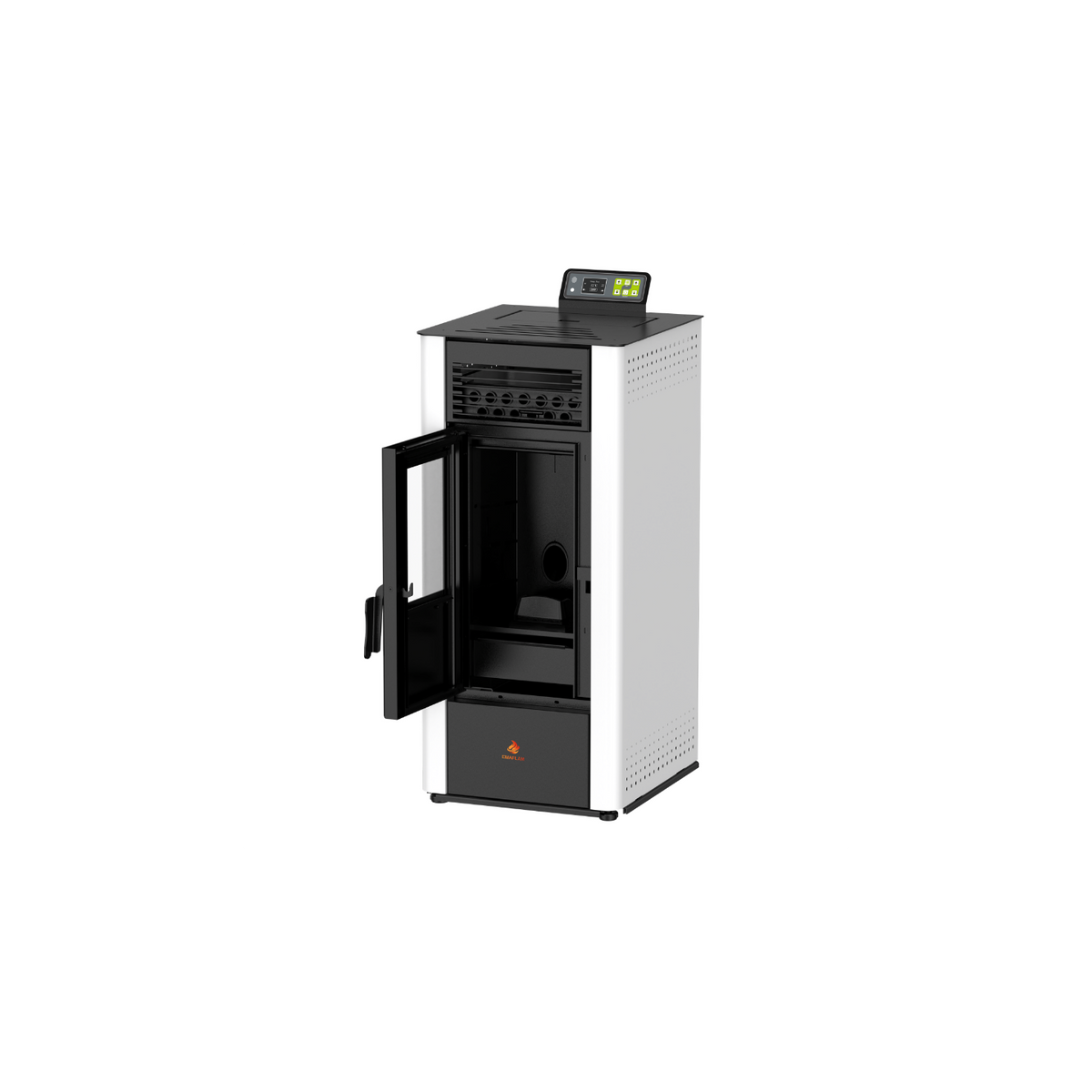 Poêle à granulés Emaflam Chiara 10 blanc, porte du foyer ouverte