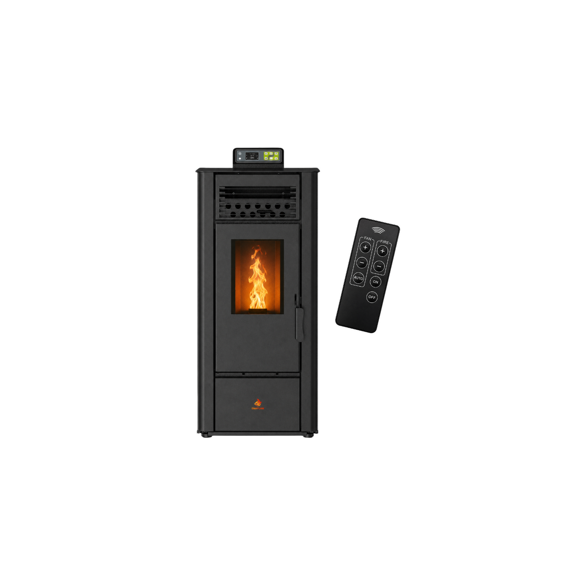 Poêle à granulés Emaflam Chiara 10 noir, de face avec sa télécommande