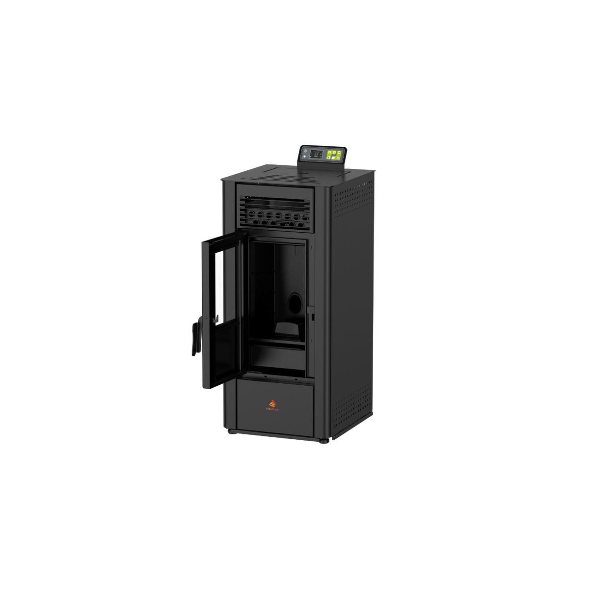 Poêle à granulés Emaflam Chiara 10 noir, porte du foyer ouverte