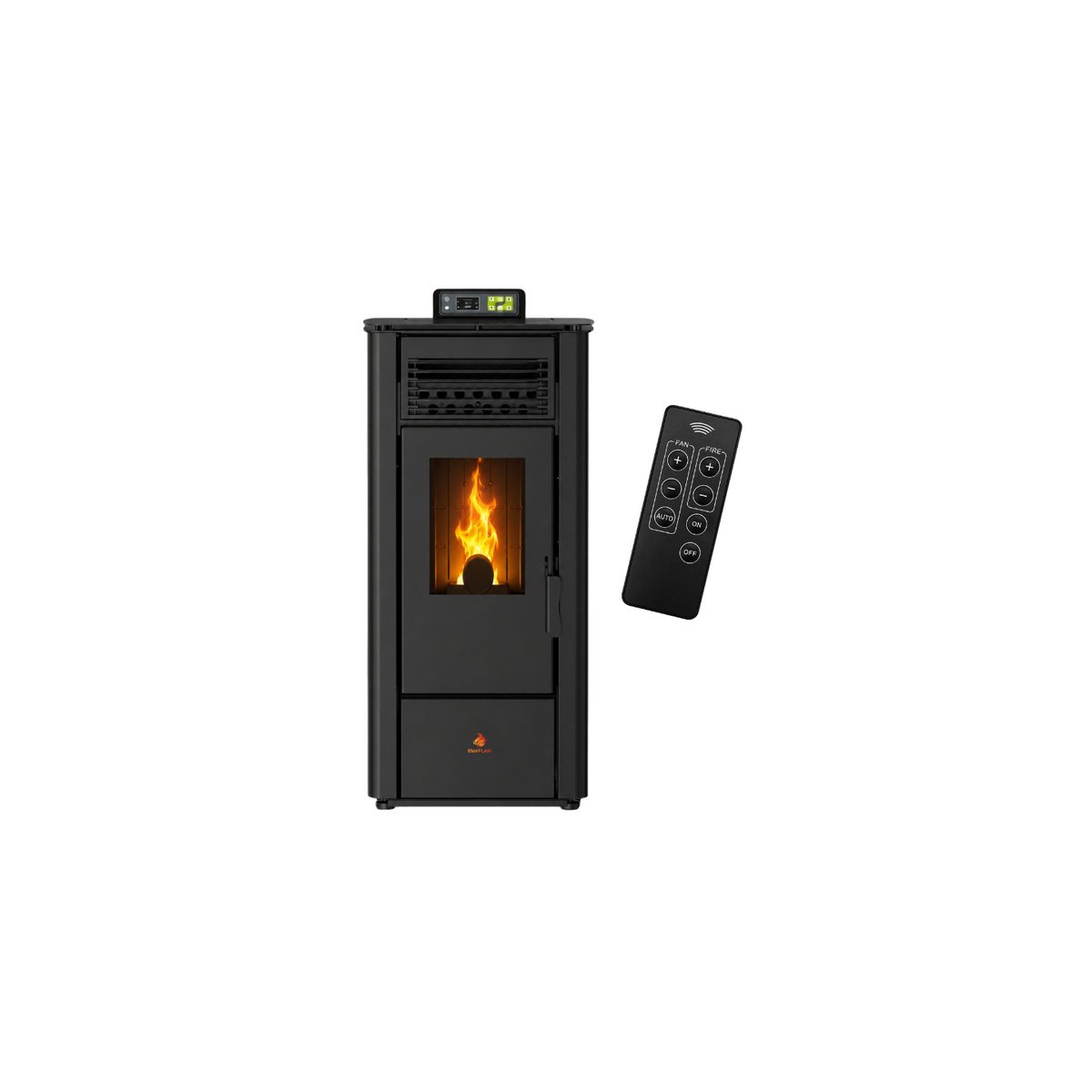 Poêle à granulés Emaflam Emma 10 noir, de face avec sa télécommande