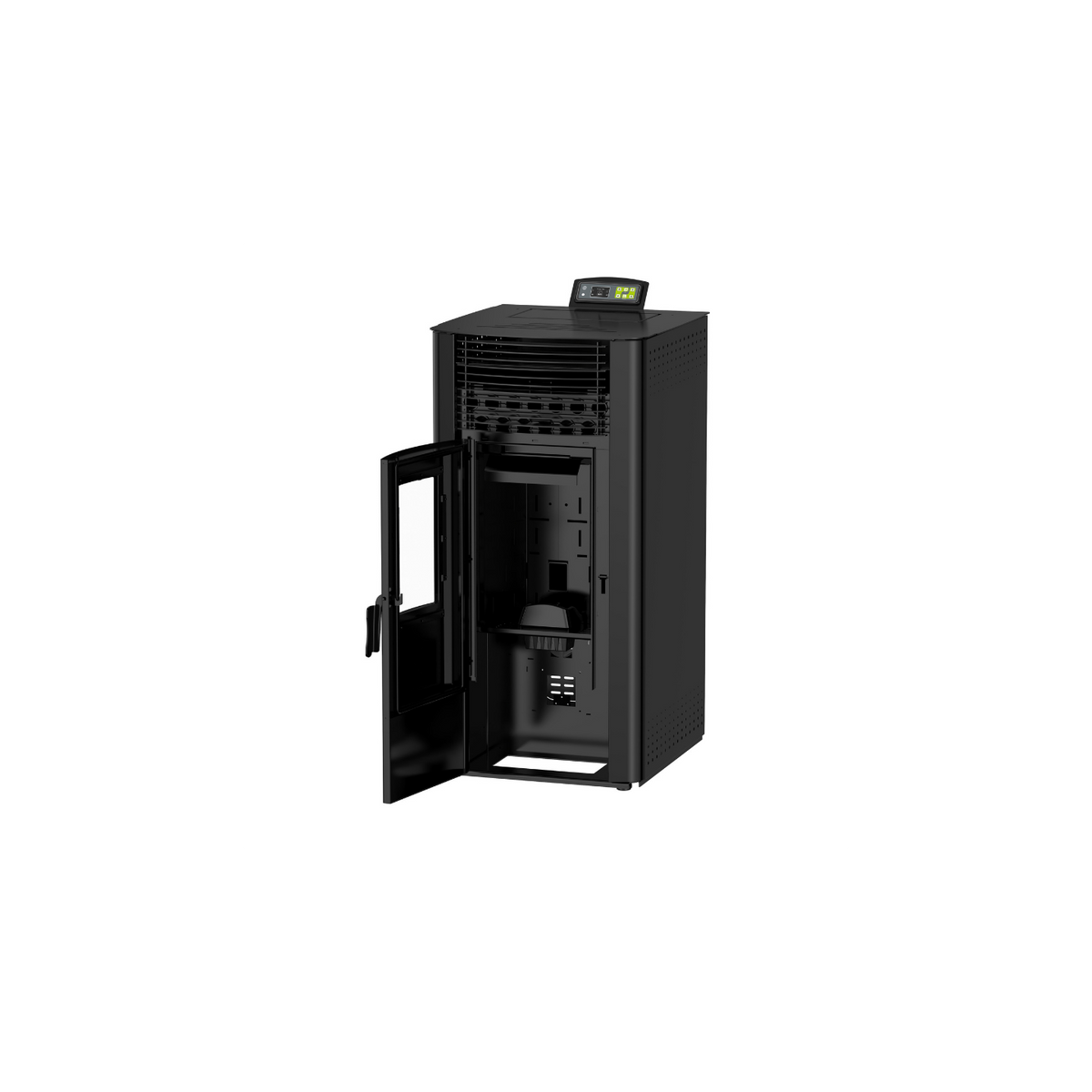 Poêle à granulés Emaflam Emma 15 noir, porte du foyer ouverte