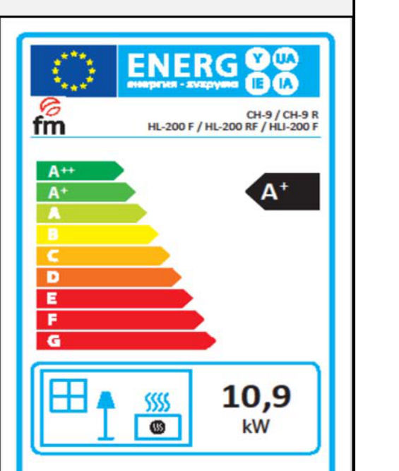 Four à bois FM Calefaccion HL-200 / HLI-200, étiquette énergétique officielle (visuel partagé entre les finitions de la gamme)