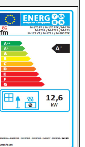 Poêle à bois FM Calefaccion M-170 K, étiquette énergétique officielle A+ (visuel partagé avec la finition M-170 FK)