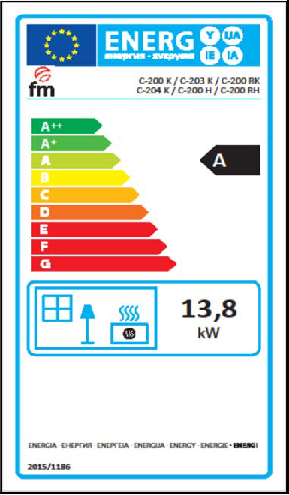 Cheminée à bois FM Calefaccion C-203 / C-203 K, étiquette énergétique du groupe technique (partagée avec C-200 K / C-200 RK / C-204 K / C-200 H / C-200 RH)