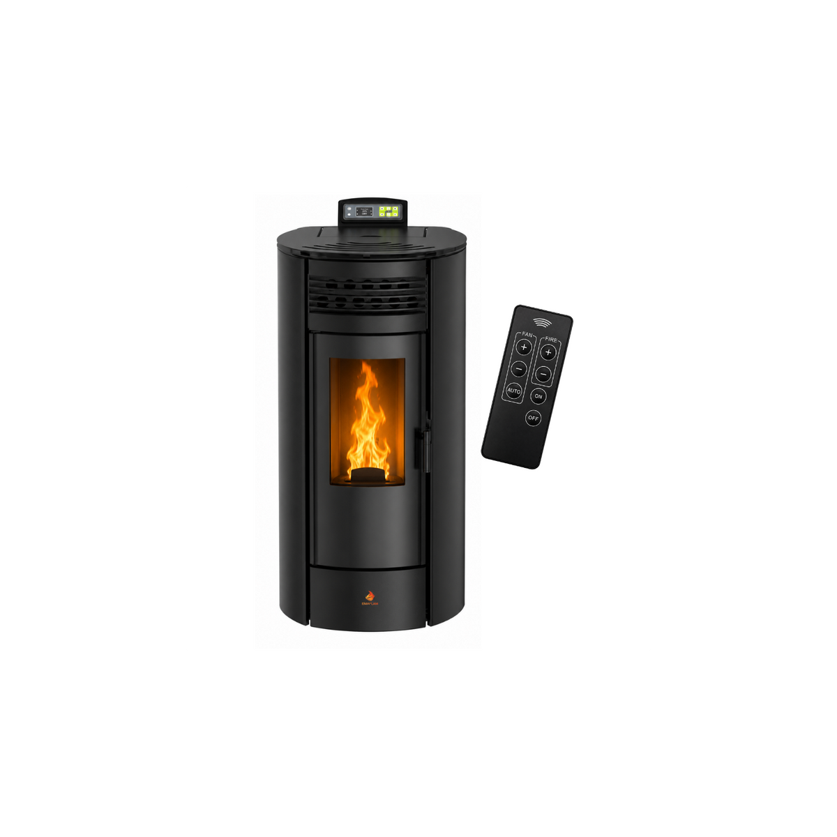 Poêle à granulés Emaflam Flora 14 noir, de face avec sa télécommande