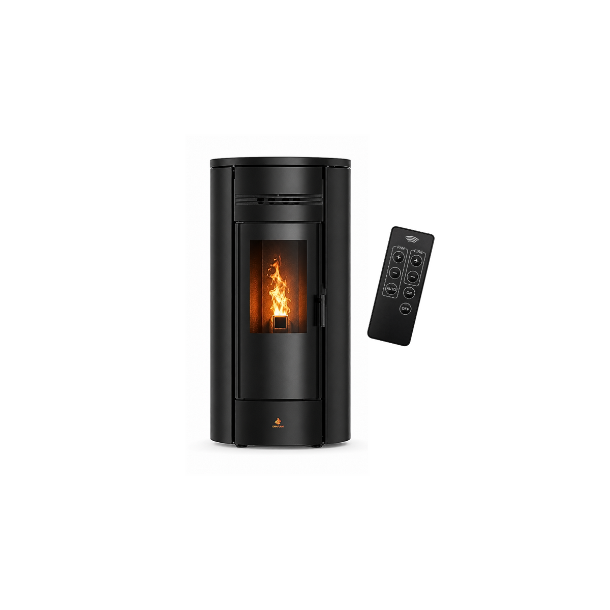 Poêle à granulés hydro Emaflam Lola 22 noir, de face avec sa télécommande