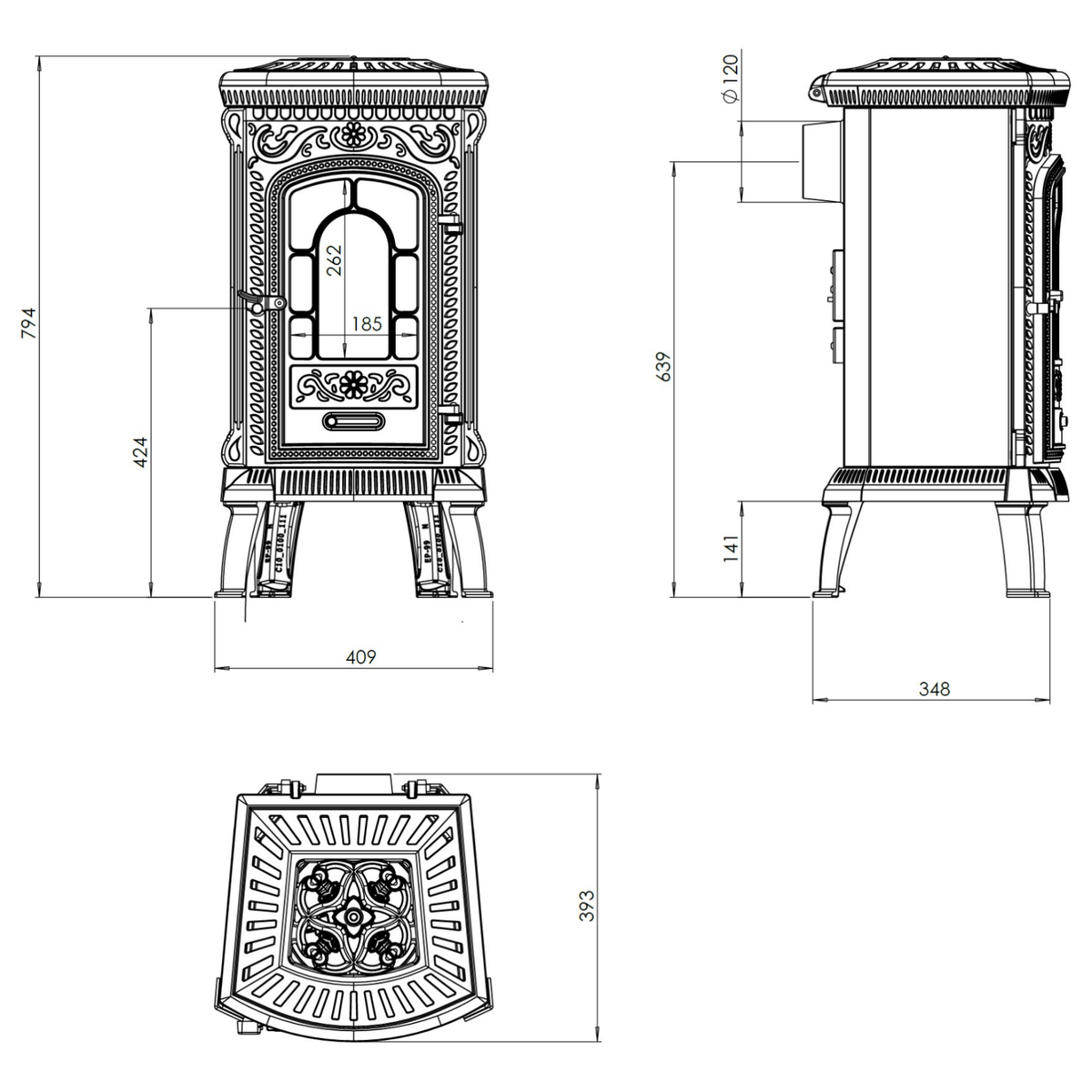 Poêle à bois NordFlam Berg, plan coté avec sortie Ø 120 mm