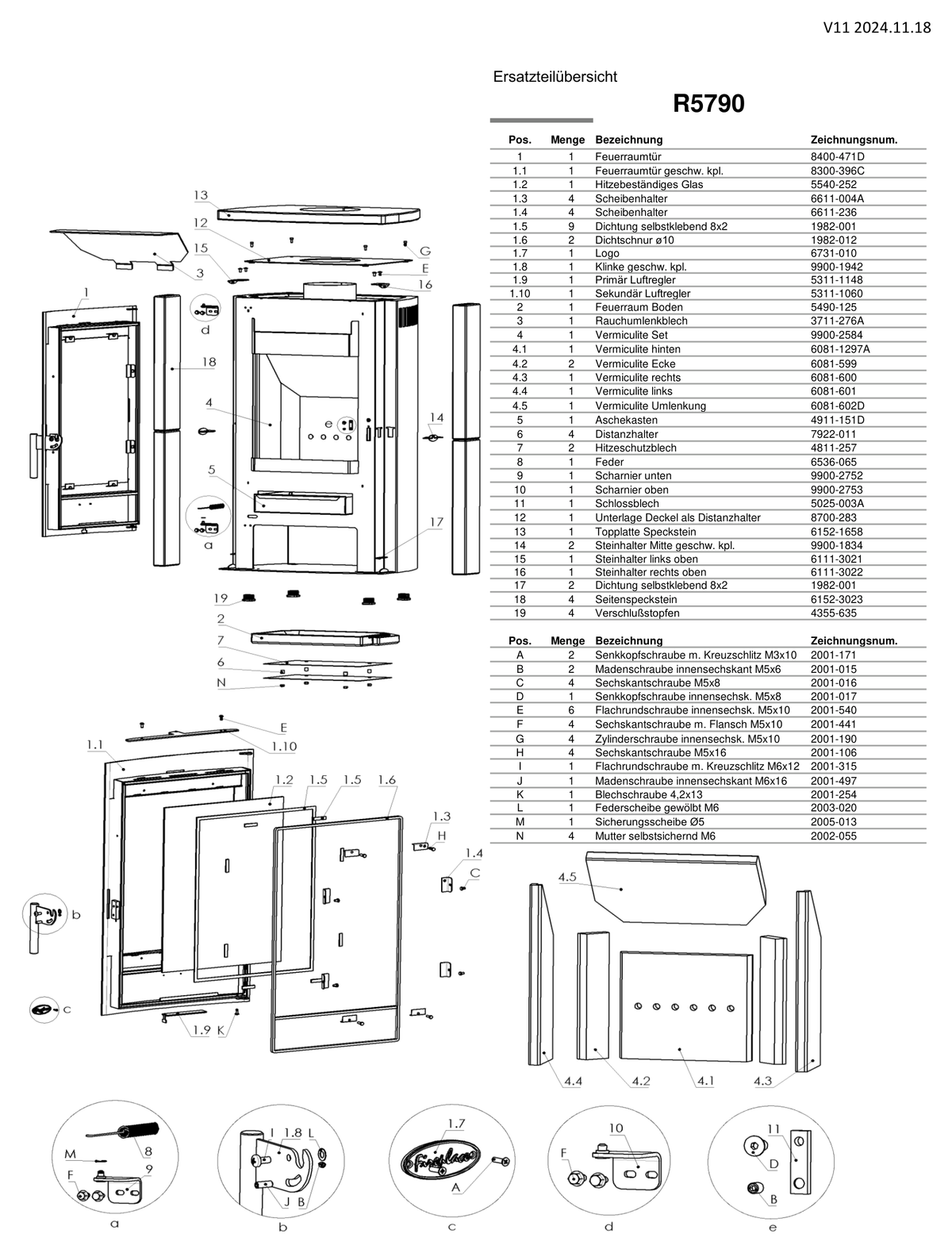 Poêle à bois FIREPLACE Brasil pierre ollaire, vue éclatée et pièces détachées
