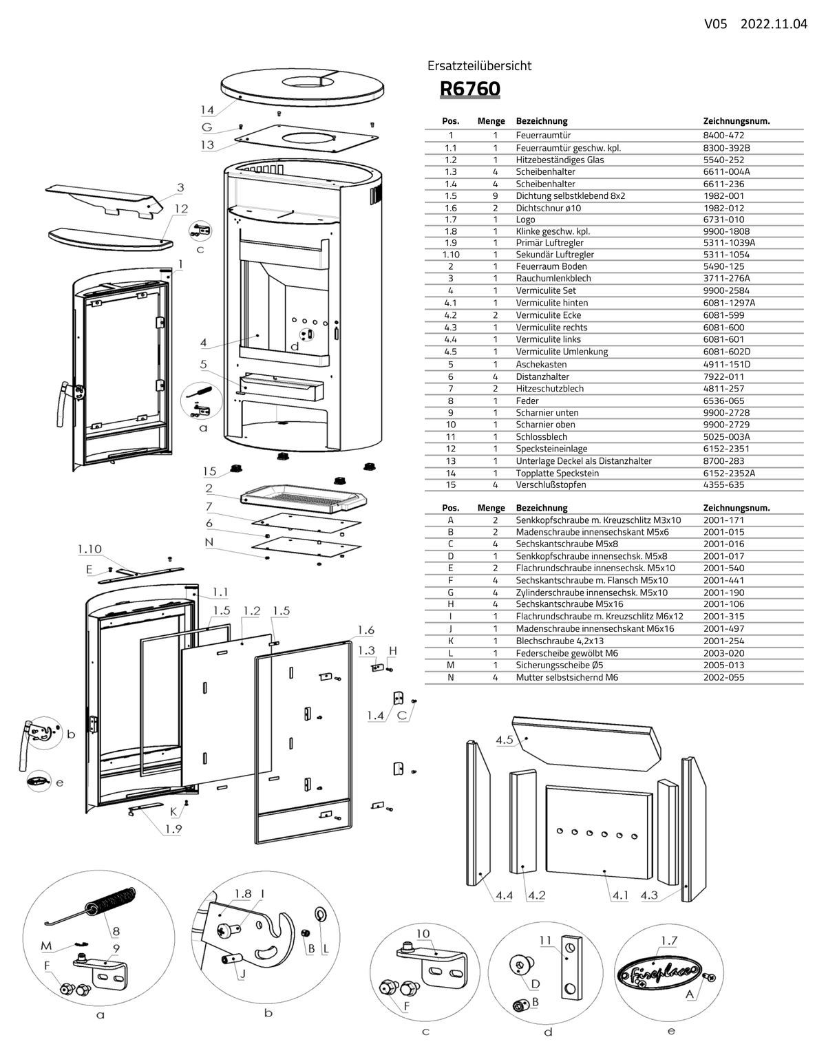 Poêle à bois FIREPLACE Jakarta pierre ollaire, vue éclatée et pièces détachées