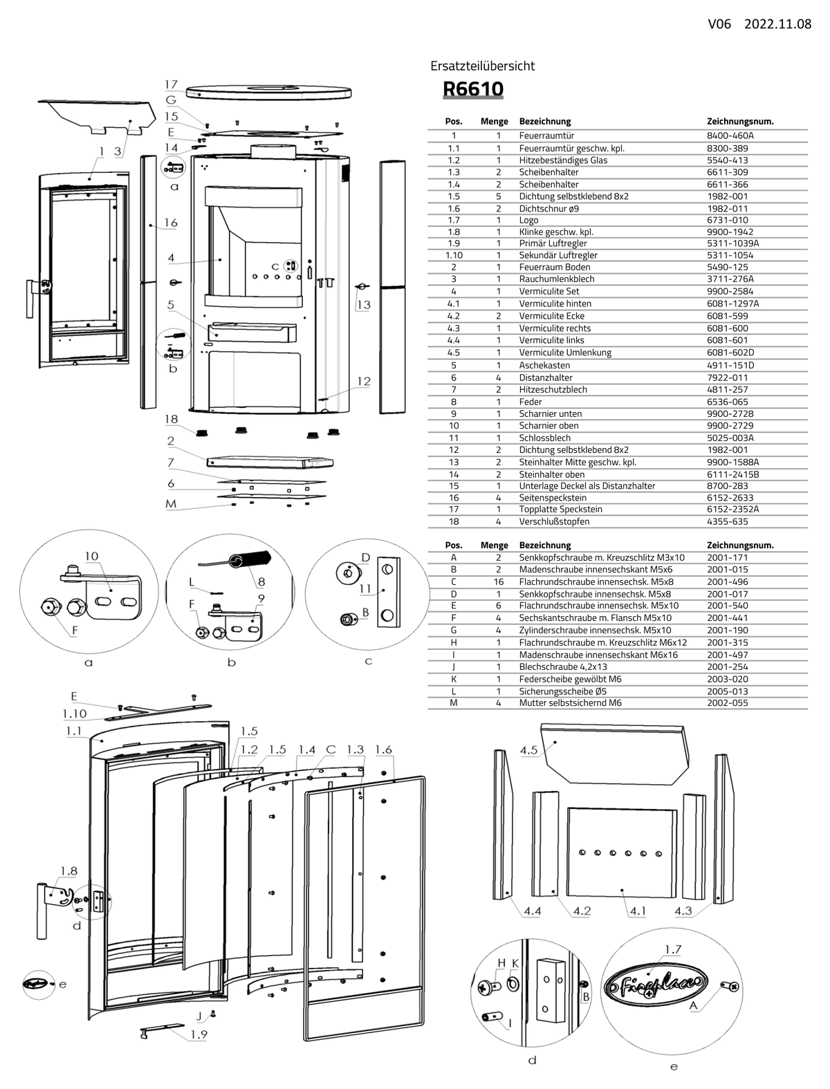 Poêle à bois FIREPLACE Trend pierre ollaire, vue éclatée et pièces détachées