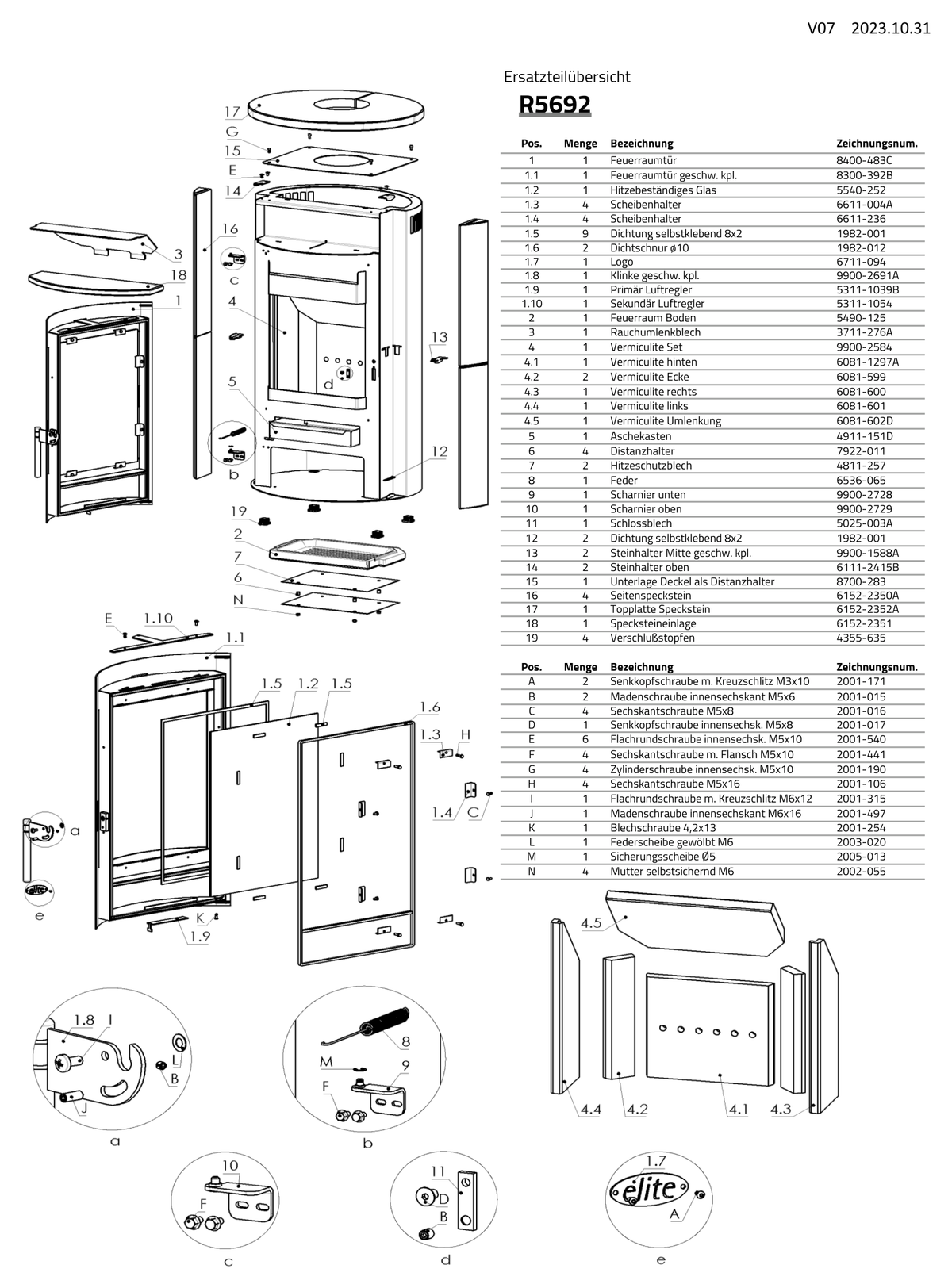 Poêle à bois FIREPLACE Zamora pierre ollaire, vue éclatée et pièces détachées